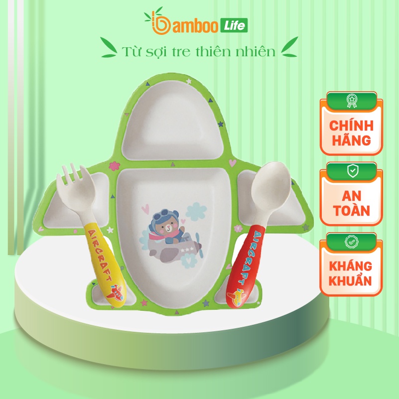 Khay đựng thức ăn cho bé sợi tre Bamboo Life BL021 bộ gồm 3 món gồm thìa, dĩa, khay hình máy bay cute