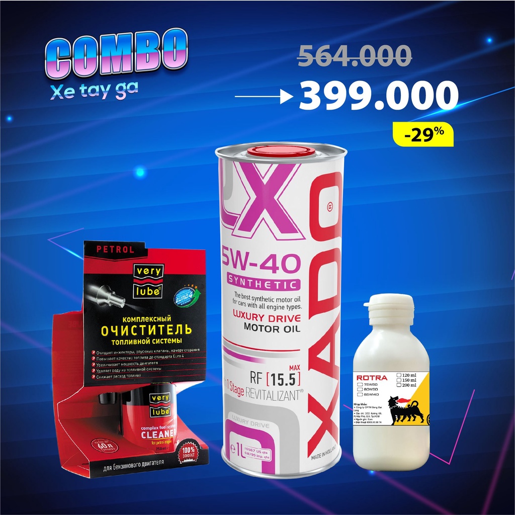 [Mã LIFEXANH03 giảm 10% đơn 500K] Combo Xado Luxury Drive 5W40 + nhớt láp Eni 80W90 + phụ gia Xado Verylube Complex