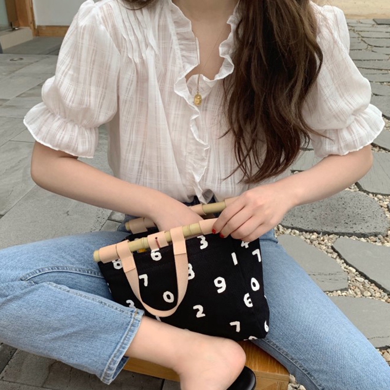 SUXI Áo Kiểu Tay Ngắn Phồng Cổ Chữ V Dáng Rộng Phong Cách Hàn Quốc