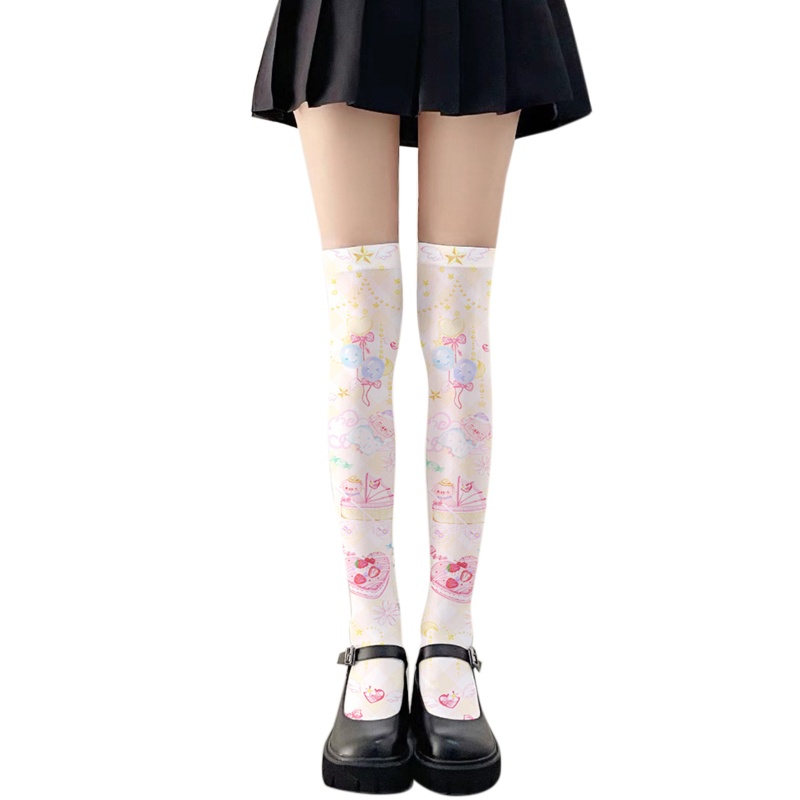 Vớ dài qua gối in hình bánh kem dâu/ bong bóng hoạt hình phong cách Lolita ngọt ngào dễ thương cho nữ