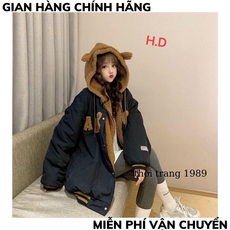Áo Khoác Kaki Nữ Mũ Tai Gấu thêu chữ,Hàng loại 1 Lót Lông 2 lớp,Áo phao kiểu nữ đẹp