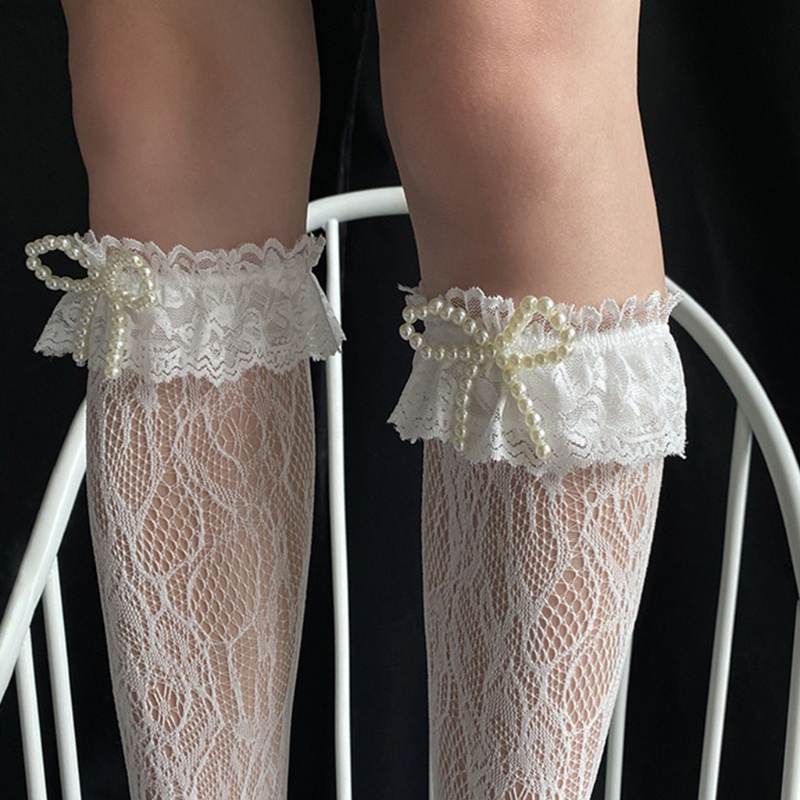 XIXI Vớ dài ngang gối phối ren nhún bèo đính ngọc trai phong cách Harajuku Nhật Bản dễ thương cho nữ