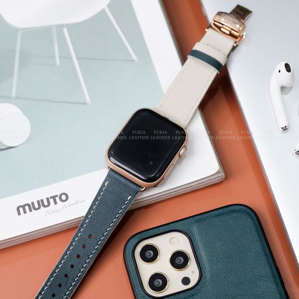 Dây da thủ công Swift Xanh Rêu Mix Trắng dành cho Apple Watch, đồng hồ thông minh, đồng hồ cơ