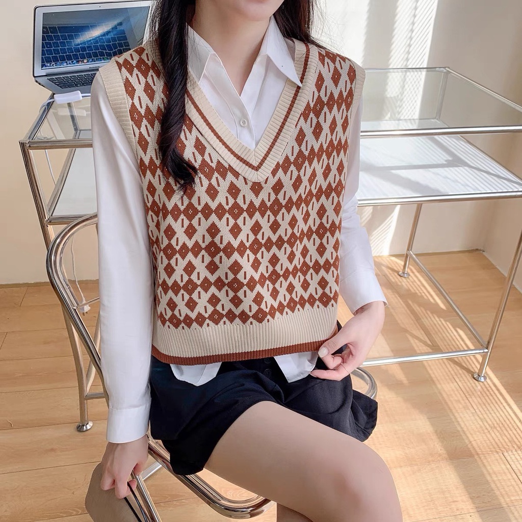 Áo gile nữ Chelgy vải len form rộng không tay hoạt tiết thổ cẩm hình thoi freesize Quảng Châu CG-GLHT104