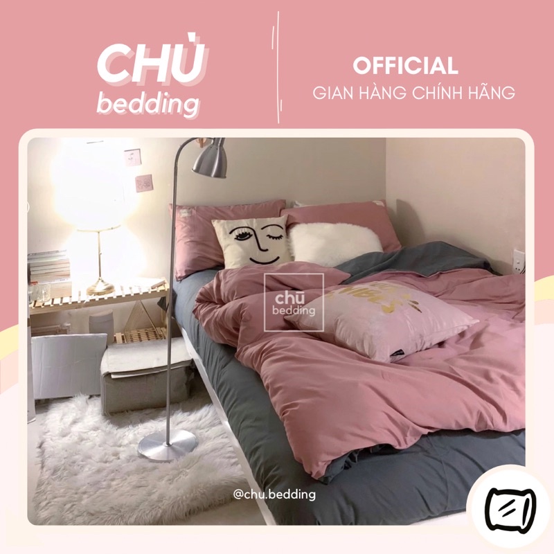Set chăn ga gối Cotton đũi: mix hồng ghi đậm