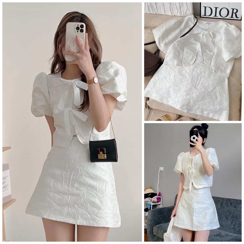 Set Váy Gấm Hoa Nổi Tay Phồng Croptop Buộc Nơ Mix Chân Váy A Siêu Xinh
