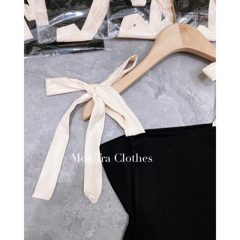 Áo hai dây thắt nơ vai tiểu thư dáng ôm siêu xinh, Áo kiểu nữ 2 dây phối nơ tơ lụa chất cotton zip đẹp giá rẻ | BigBuy360 - bigbuy360.vn