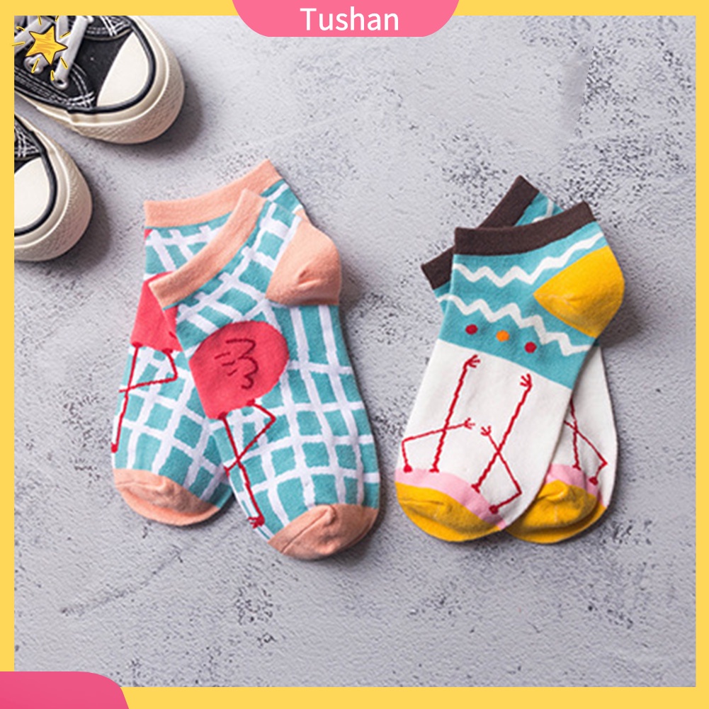 TUSH Fashion Women Flamingo Print Low Cut Breathable Cotton Short Ankle Boat Socks