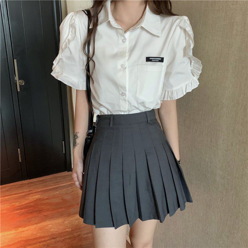 Áo sơ mi bèo tay ngắn phối LOGO vải dày đẹp
