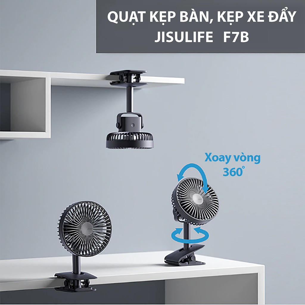 (Hàng Có Sẵn- Shipnow 1h Hà Nội) Quạt mini kẹp xe đẩy, kẹp để bàn văn phòng Jisulife F7B, xoay 360 độ hoạt động 12 tiếng