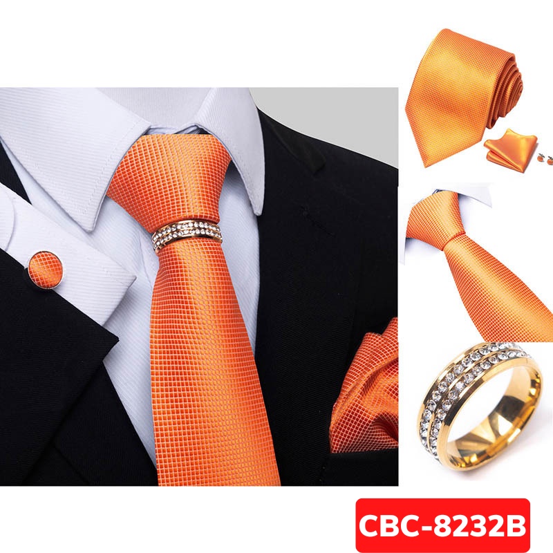 Bộ Cà vạt 4 món gồm Cavat 8cm, khăn cài túi, Măng-set, Nhẫn tròn phụ kiện, Cravat chú rể, Calavat công sở CBC-8232