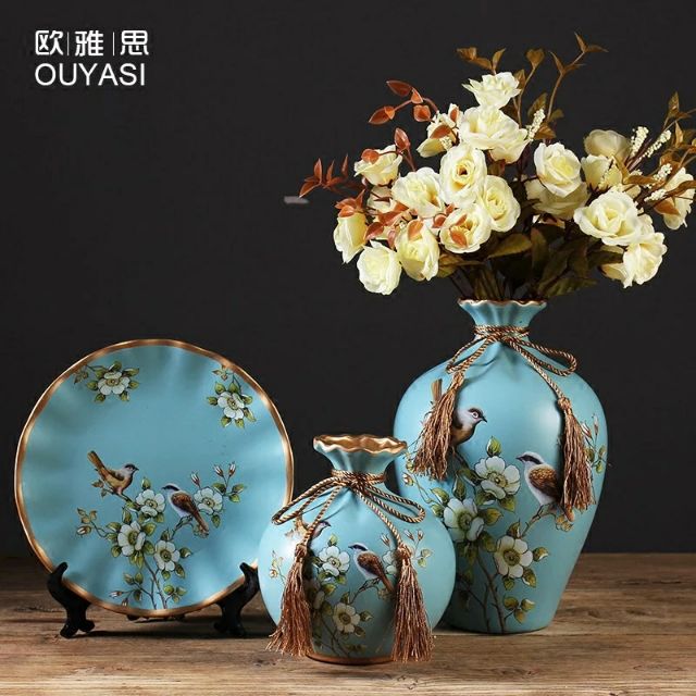 Bộ Ba Bình Gốm Trang Trí Kèm Hoa