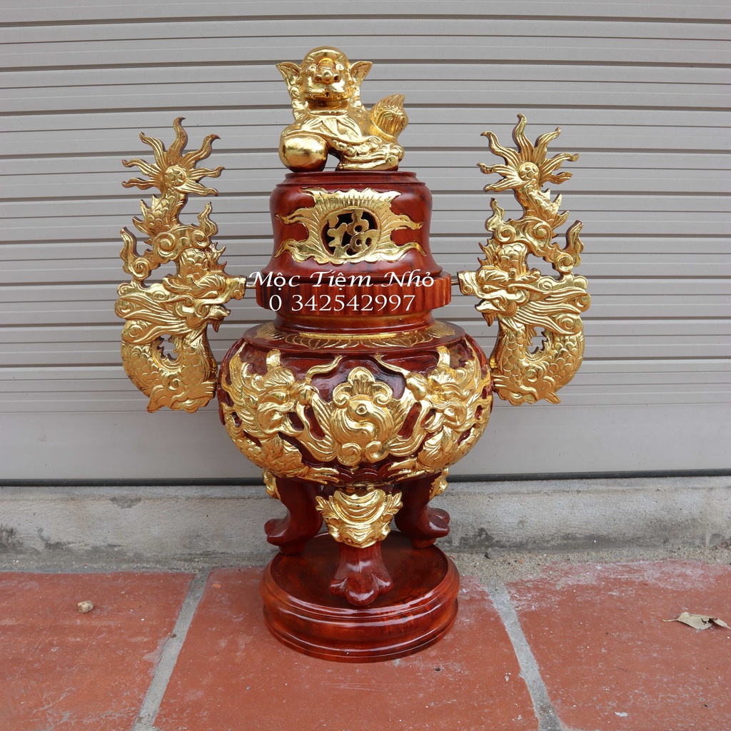 Đỉnh thờ lư hương trạm song long gỗ hương rát vàng cao 51,61cm