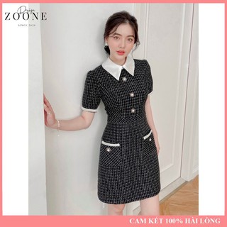 Váy dạ đen cổ sơmi ngắn tay phối kim tuyến- đầm dạ tweed đính khuy ngọc cổ sơ mi- design zoone v21706