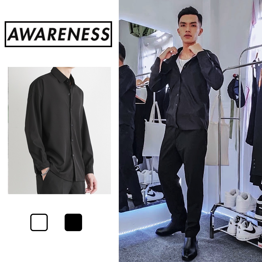 Áo sơ mi Unisex Nam Nữ tay dài Trắng Đen - Kiểu dáng Hàn Quốc Form rộng - Chất vải Lụa cotton mềm mịn - awareness