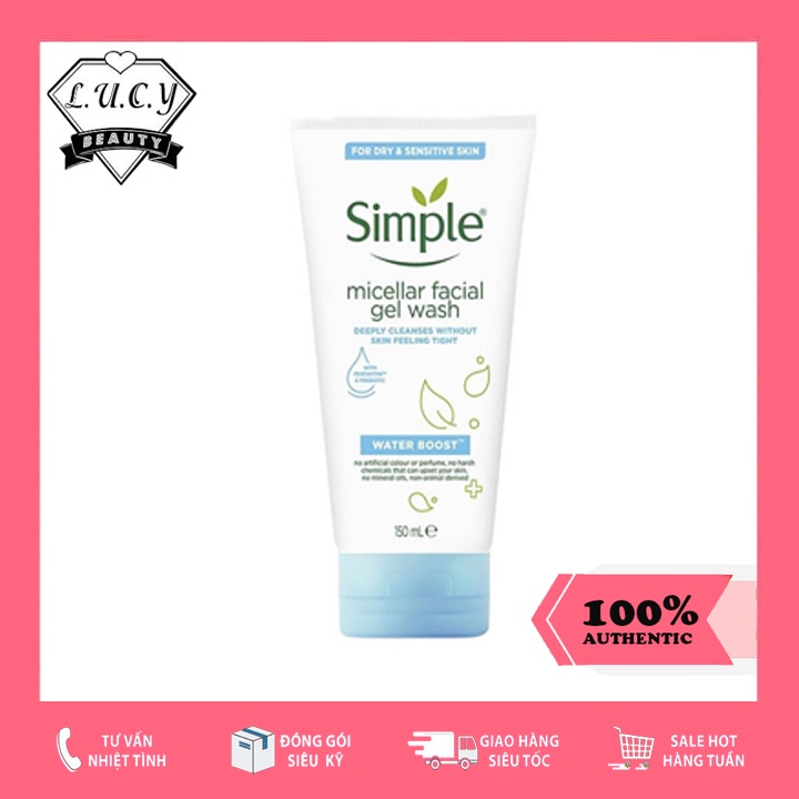 Hàng UK- Sữa Rửa Mặt Dưỡng Ẩm, Làm Sạch Sâu Simple Water Boost Micellar Facial Gel Wash 150ml Màu Xanh Da Khô, Nhạy Cảm