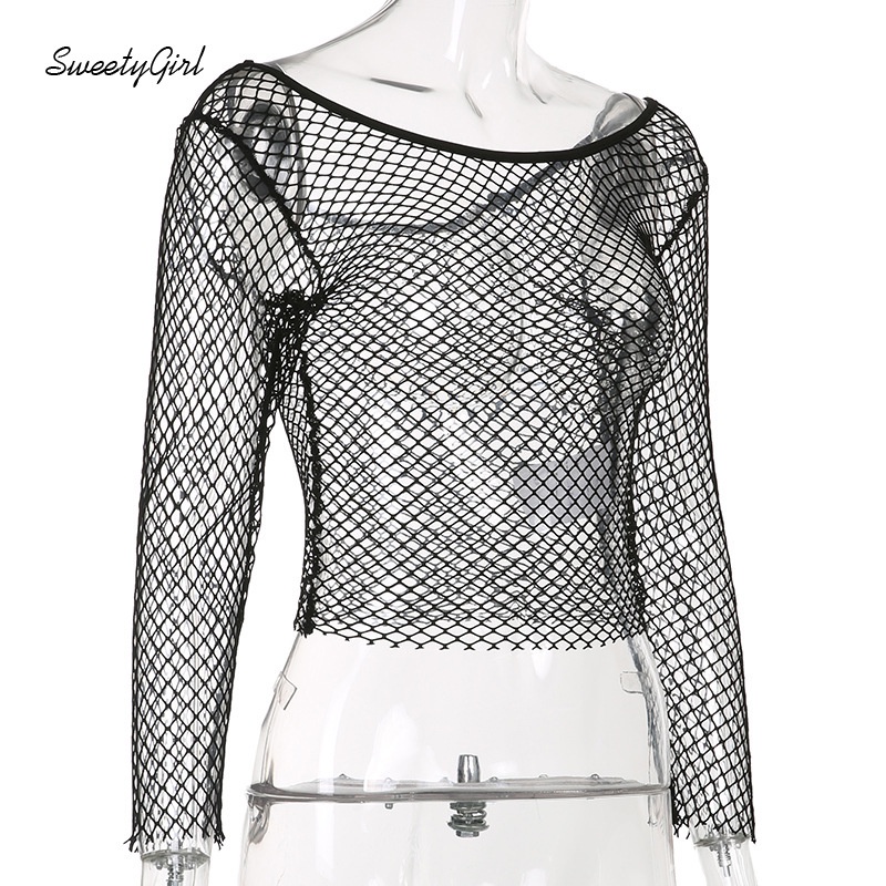 Áo Croptop Tay Dài Cổ Thuyền Dáng Ôm Màu Trơn Trong Suốt Thời Trang Cho Nữ