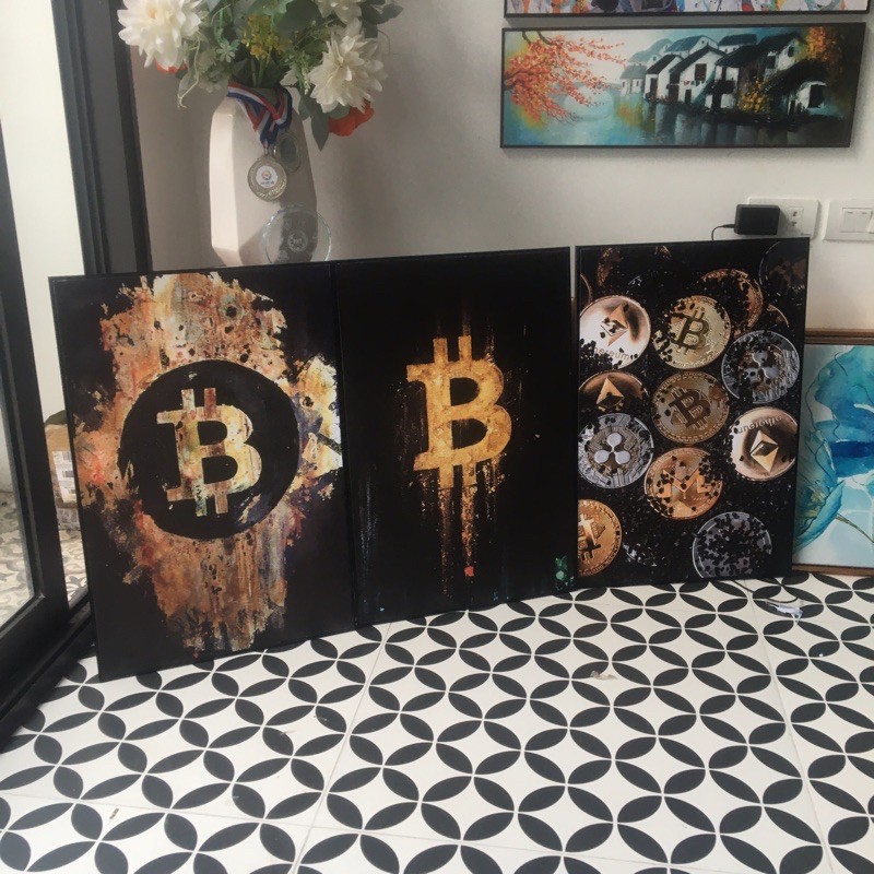 Tranh Bitcoin, Eth, tranh in vải canvas 40x60cm, đủ khung và đinh treo
