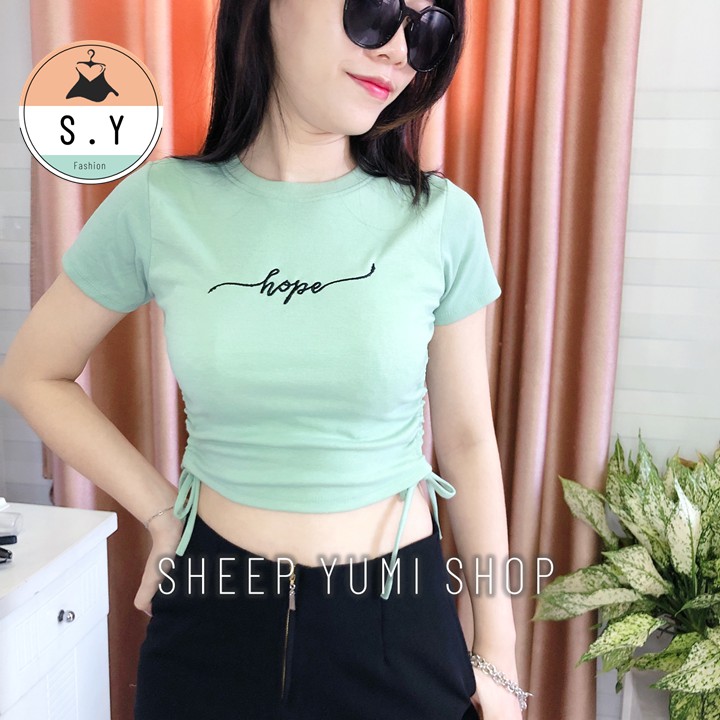 Áo Croptop Nữ Rút Eo Thêu Chữ Thun Borip Cổ Tròn SHEEP YUMI SHOP AC02