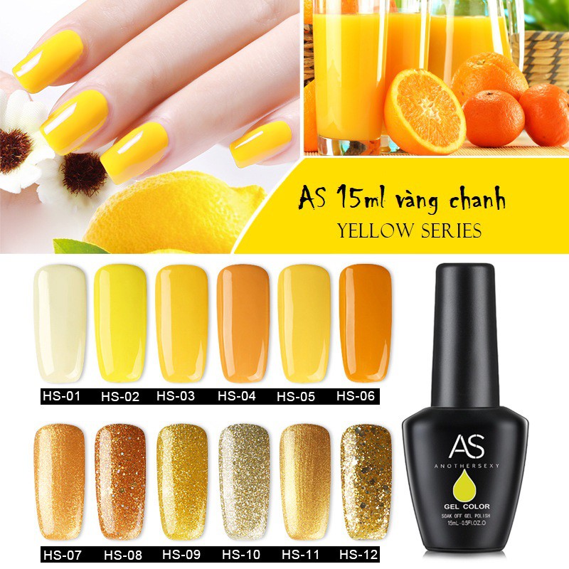 Sơn móng tay gel Sơn gel AS dùng máy hơ gel sơn nail tone vàng chanh vàng cam nhũ vàng ánh kim VUA SƠN AS mã HS 15ml