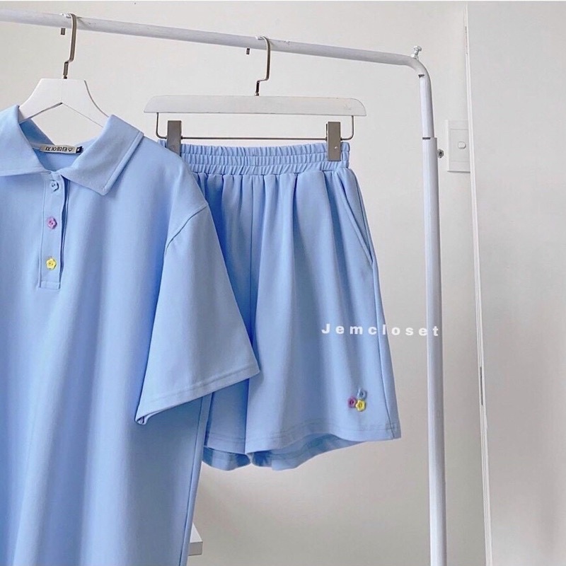 Bộ polo uzzang gồm áo polo kèm quần short tay lỡ chất cotton tăm dày dặn