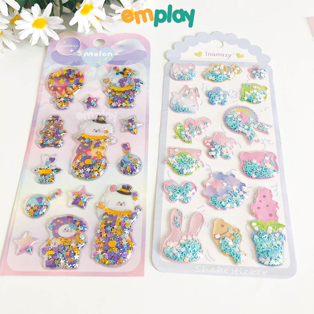 Sticker cho bé lắc kim tuyến lấp lánh siêu đẹp cao cấp Emplay miếng dán 3D xịn xò mẫu mã đa dạng chất liệu PVC an toàn