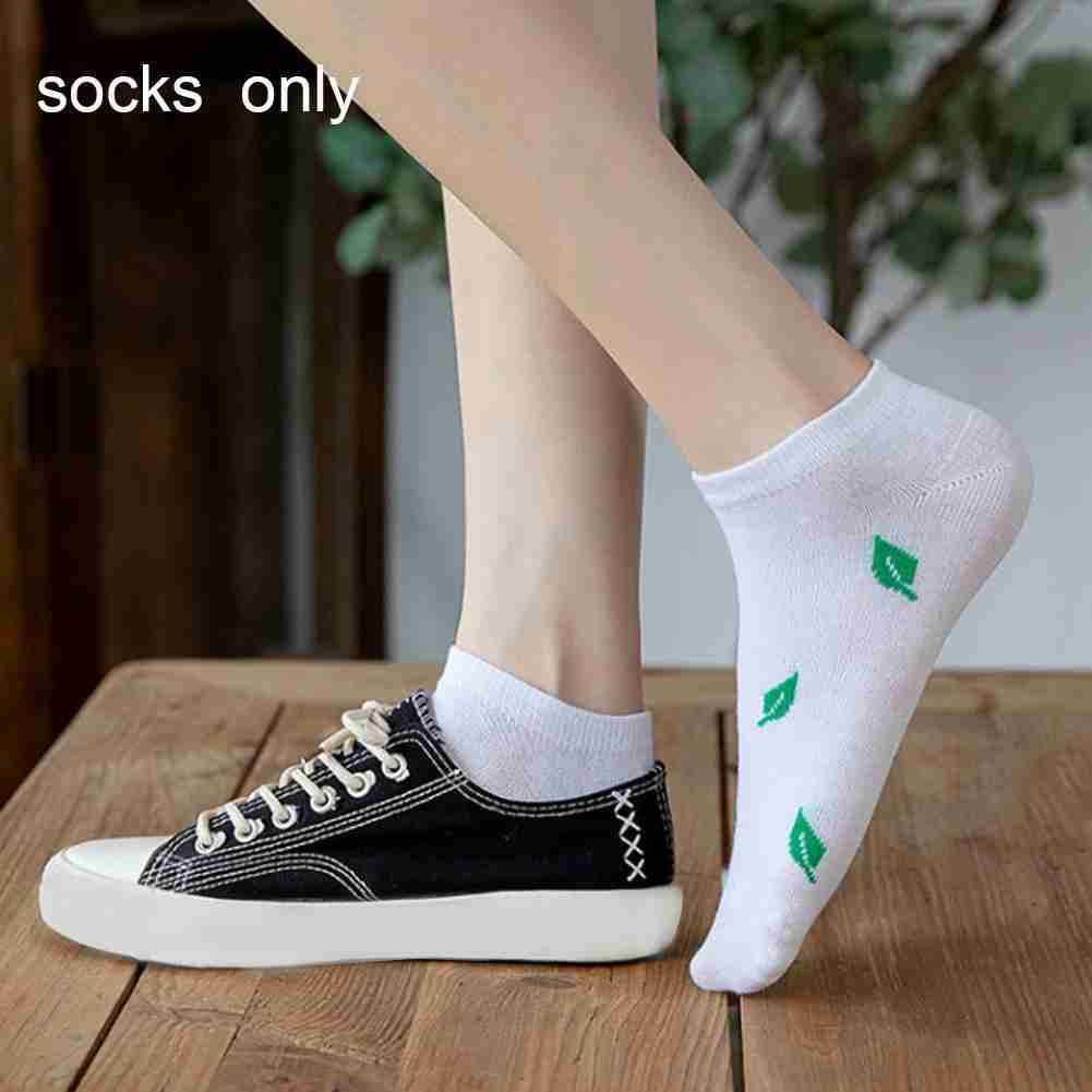 Tất thuyền mỏng cổ thấp in họa tiết lá hoạt hình màu xanh lá phong cách Nhật Bản cho nữ K4Q9 Y5C4 U4H0