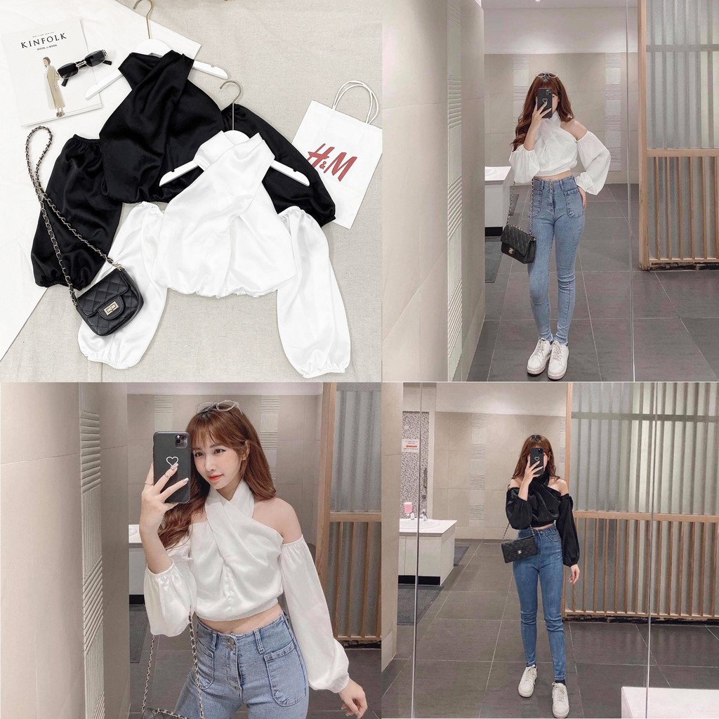 ÁO HỞ VAI <freeship> ÁO NỮ HỞ VAI CROPTOP CỔ CHÉO SIÊU XINH, ÁO LỤA KHÔNG NHĂN ĐEN/TRẮNG💗ÁO CỔ YẾM💗 CROPTOP XINH