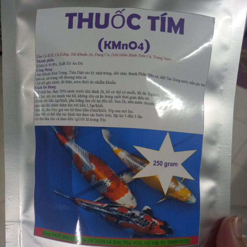 Tím, KMnO4, Dùng tắm cá Koi, mòn đuôi. đỏ thân, nấm bệnh và mầm bệnh trong ao nuôi