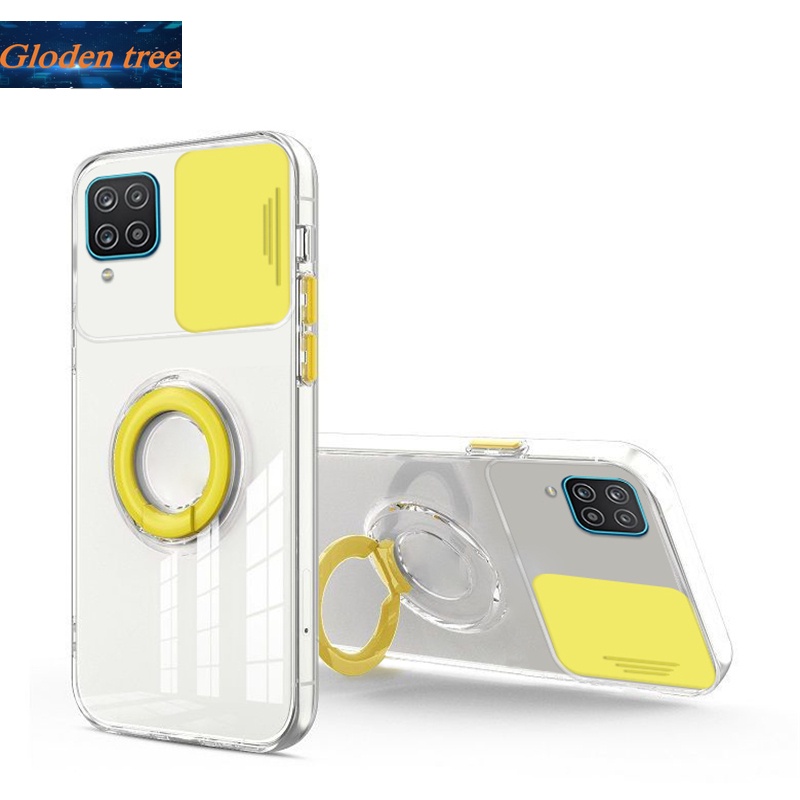 Ốp điện thoại trong suốt có nắp trượt bảo vệ camera kèm giá đỡ cho Samsung Galaxy M12 A12 5g A22 4g 5g A82