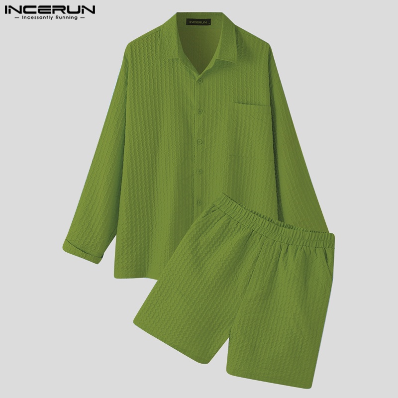 Set trang phục INCERUN áo thun dài tay có cổ + quần short ống rộng thời trang cho nam