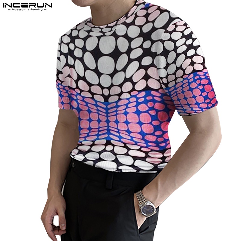 Áo thun INCERUN tay ngắn cổ tròn họa tiết chấm bi phong cách phương Tây thời trang mùa hè cho nam