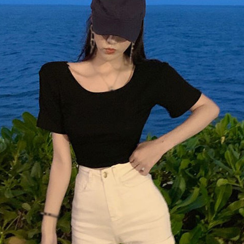 Áo Thun Tay Ngắn Cổ Tròn Phối Nơ Sau Lưng Thiết Kế Màu Trơn Thanh Lịch