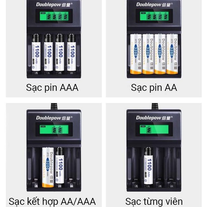 Combo Bộ Sạc Pin AA, AAA Doublepow K93B tự ngắt khi đầy Tốc Độ Cao Hiển Thị Màn Hình LCD kèm pin sạc aa 3000mAh