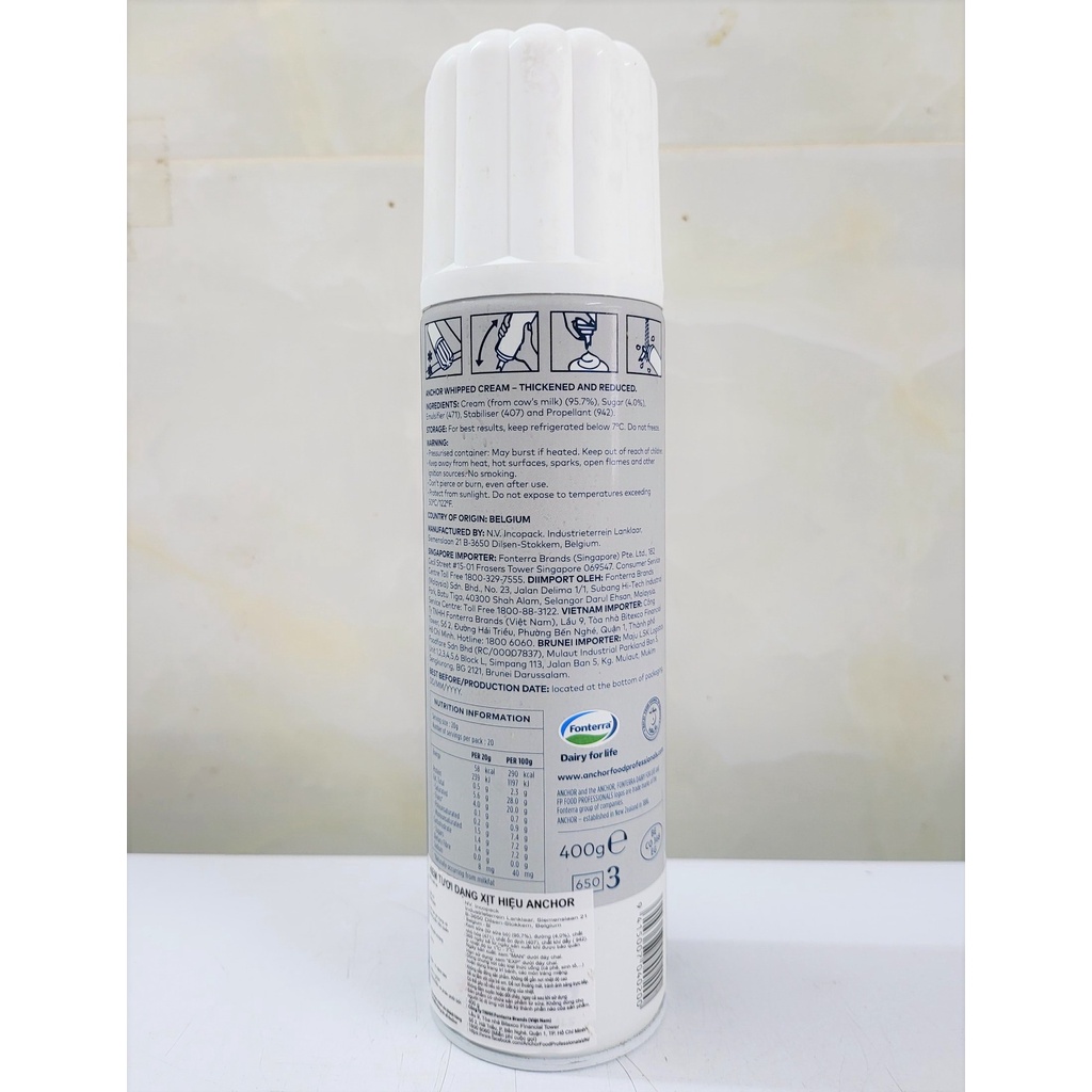 [Chai 400g] KEM TƯƠI DẠNG XỊT (Trang trí bánh, cà phê) [Belgium] ANCHOR Whipped cream (halal) (nw5)