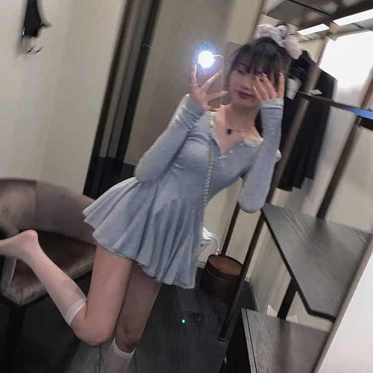 Đầm COZOKC tay dài cổ chữ V thiết kế nhấn eo phong cách quyến rũ