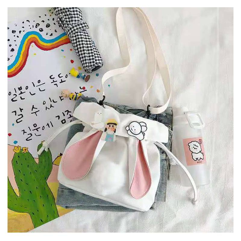 Cute Bucket Bag Student Canvas Bag Bunny Ears Shoulder Messenger Bag
