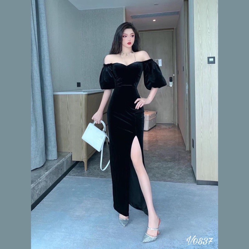 Đầm maxi nhung xẻ đùi tay phồng kèm hình thật | BigBuy360 - bigbuy360.vn