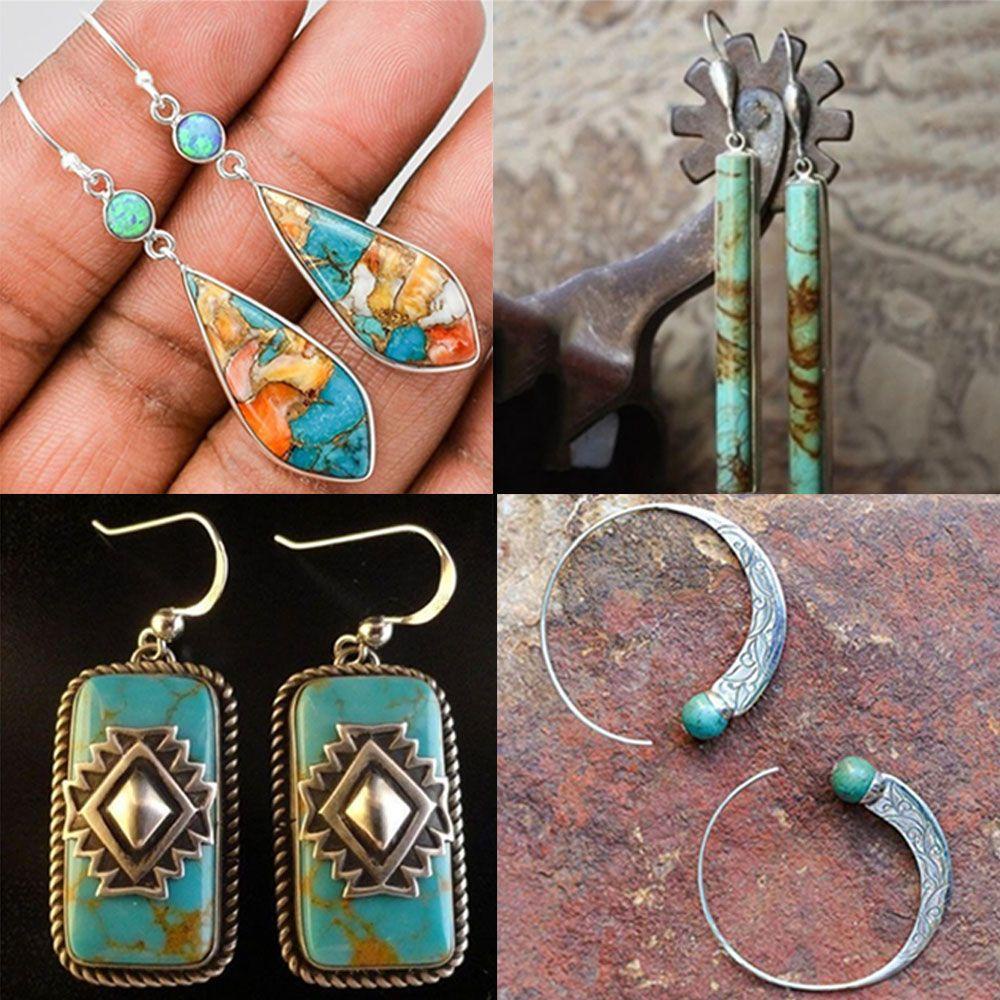 BSUNS 1 Đôi Bông Tai Móc Đính Đá Ngọc Lam Phong Cách Bohemian Cổ Điển