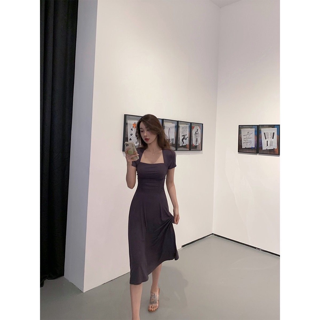 Đầm Chữ A Tay Ngắn Cổ Vuông Ôm Eo Thời Trang Mùa Hè Xinh Xắn Cho Nữ