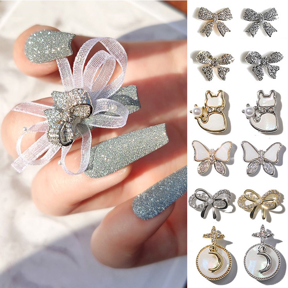 [Hàng mới về] Phụ kiện trang trí móng tay hình nơ / gấu / mèo may mắn đính đá zircon lấp lánh sang trọng diy