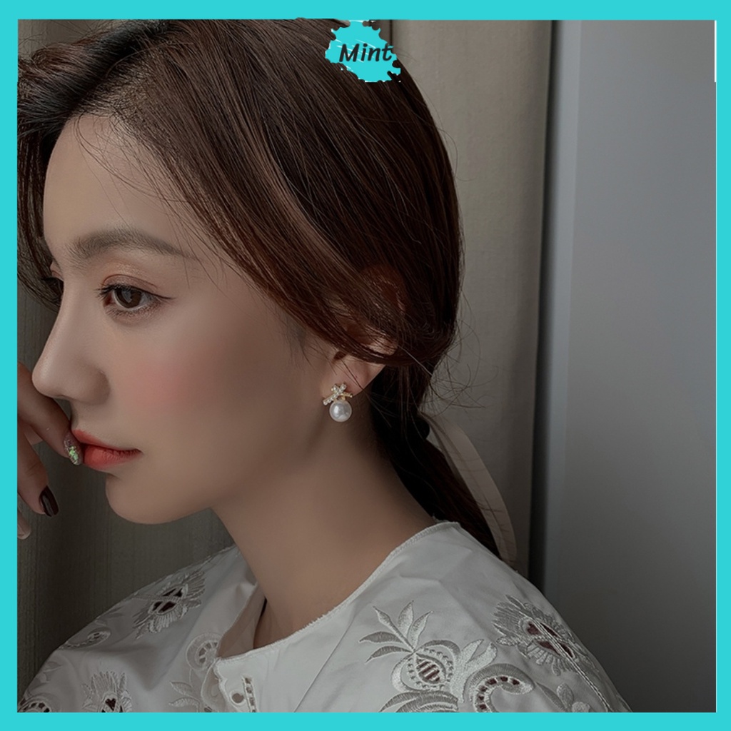 Bông Tai Ngọc Trai Giả ❤️KHÔNG GÂY DỊ ỨNG❤️ Khuyên Tai Chữ X Chuôi Bạc S925 Phong Cách Hàn Quốc