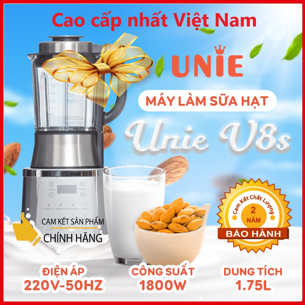 Máy làm sữa hạt Unie V8S, Bảo hành 24 tháng, Lập trình sẵn 10 chương trình nấu thông minh, Cối thủy tinh siêu cao cấp