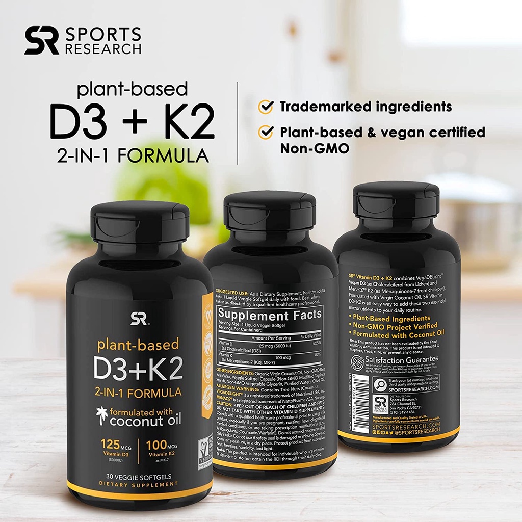 Vitamin K2 D3 Sports Research, Vitamin K2D3  5000iu Vitamin D with 100mcg Mk7 60 viên mẫu mới nhất date 03.2026
