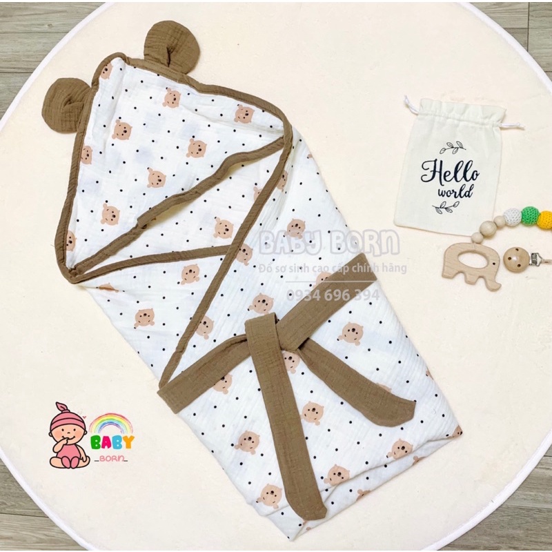 Emom - Chăn ủ Muslin sợi tre đa năng 4 lớp có mũ mềm mại