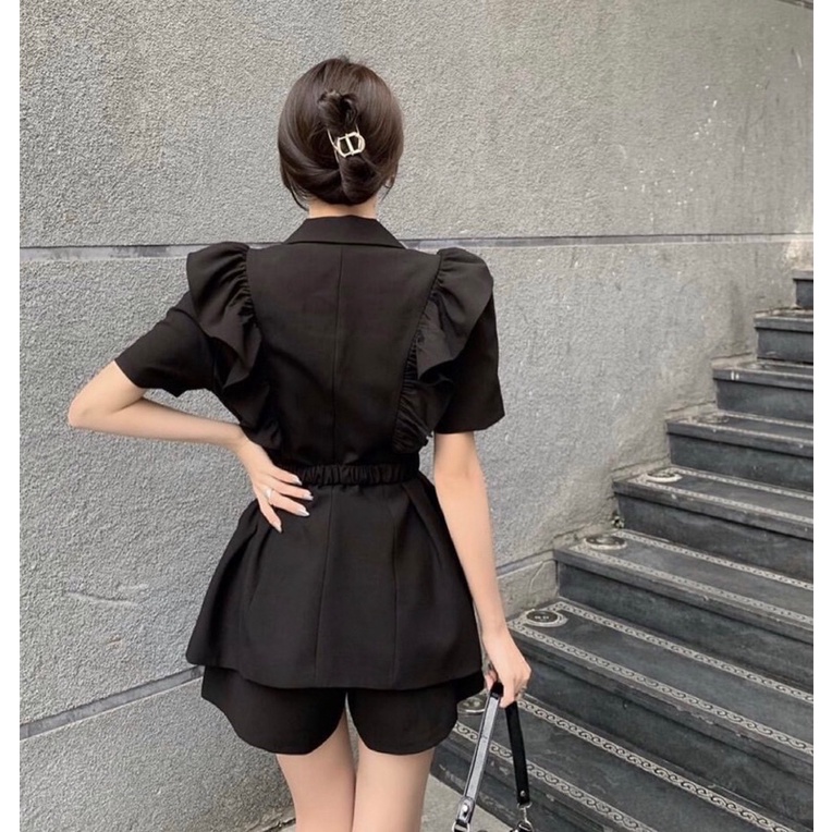 Sét áo cổ vest tay bèo mix sooc kèm đai