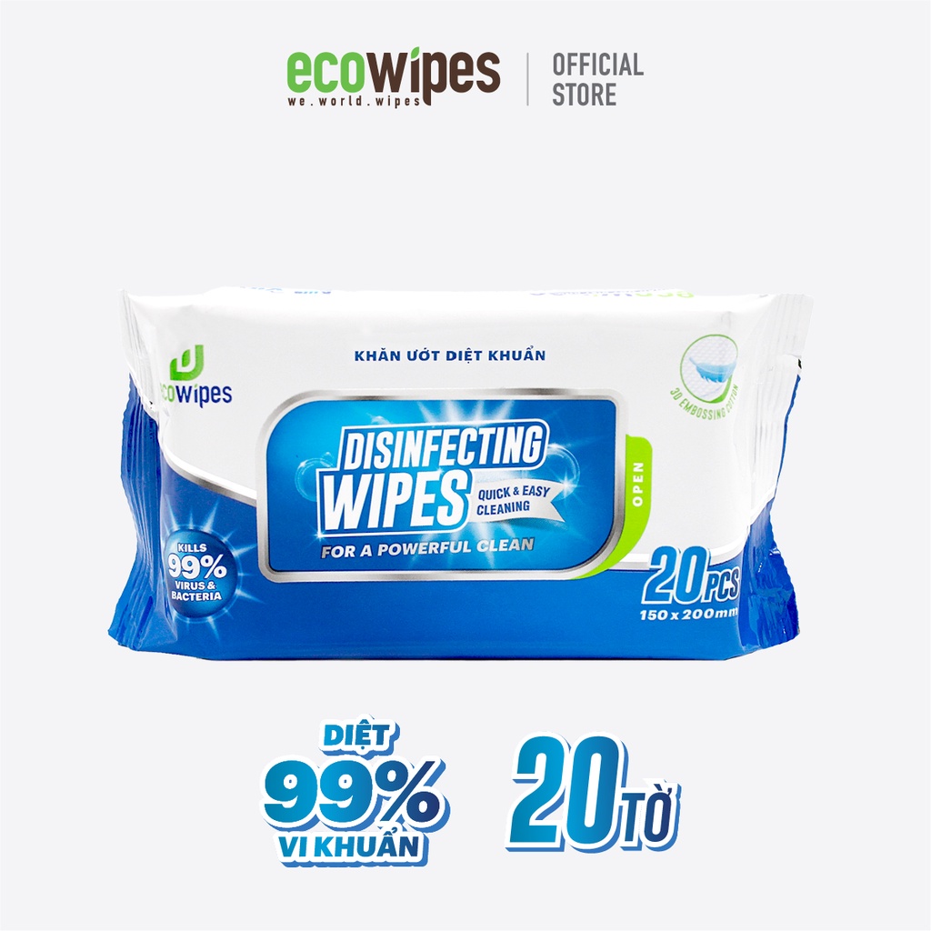 Combo 10 gói KHĂN ƯỚT DIỆT KHUẨN EcoWipes - Gói nhỏ tiện lợi 20 tờ/gói