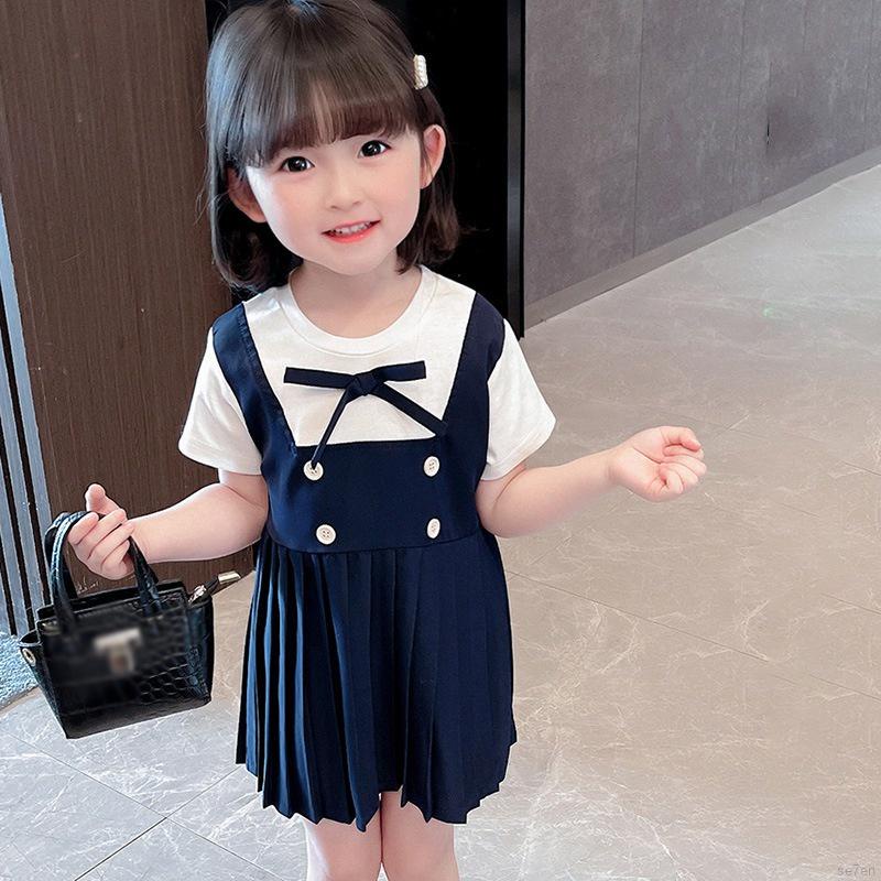 Đầm công chúa ngắn tay xếp ly màu trơn phong cách Hàn Quốc thời trang hè cho bé gái