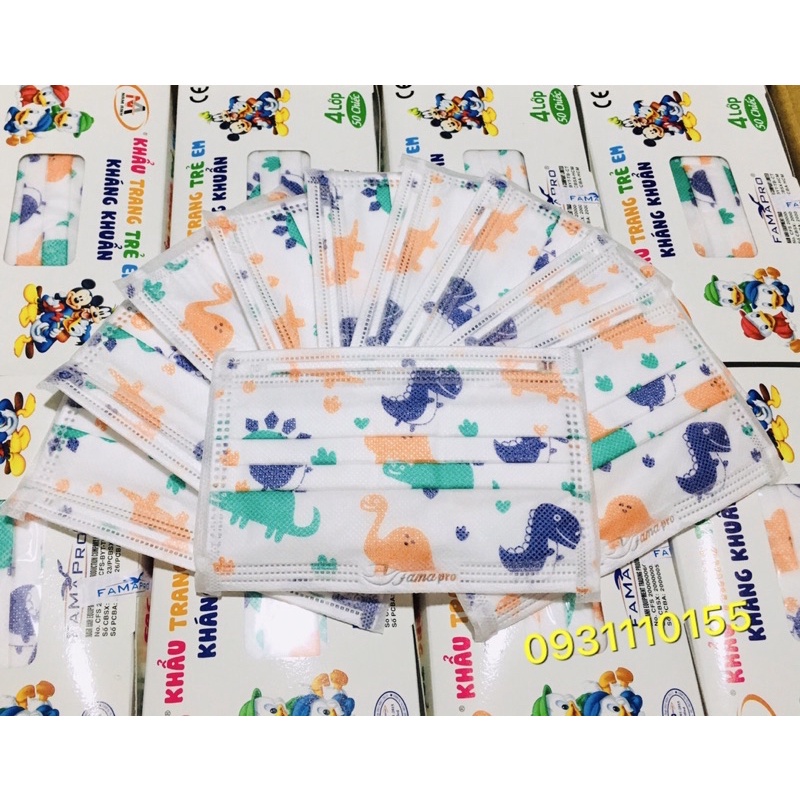 Hộp 50 cái khẩu trang y tế 4 lớp kháng khuẩn trẻ em Famapro Nam Anh hình khủng long | BigBuy360 - bigbuy360.vn