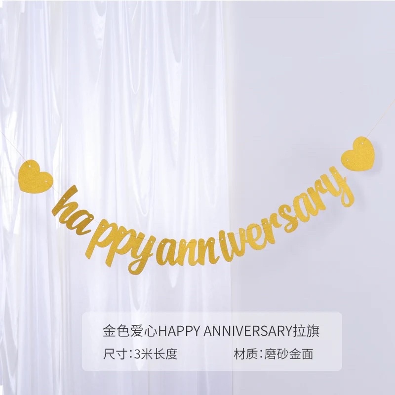 Chữ Happy anniversary ánh kim ( kèm tim đỏ)